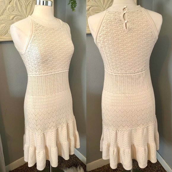 London Times Dress Sz 14 Cream/Tan Crochet Lace Overlay Sleeveless Wedding Party - Picture 2 of 12